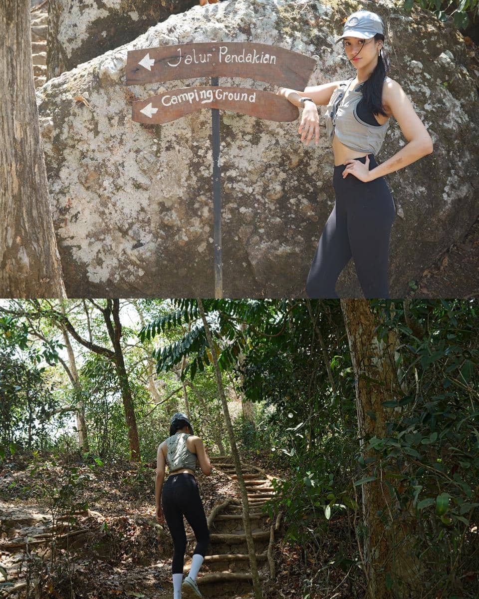 Anya Geraldine hiking di Gunung Berapi Kuno Nglanggeran