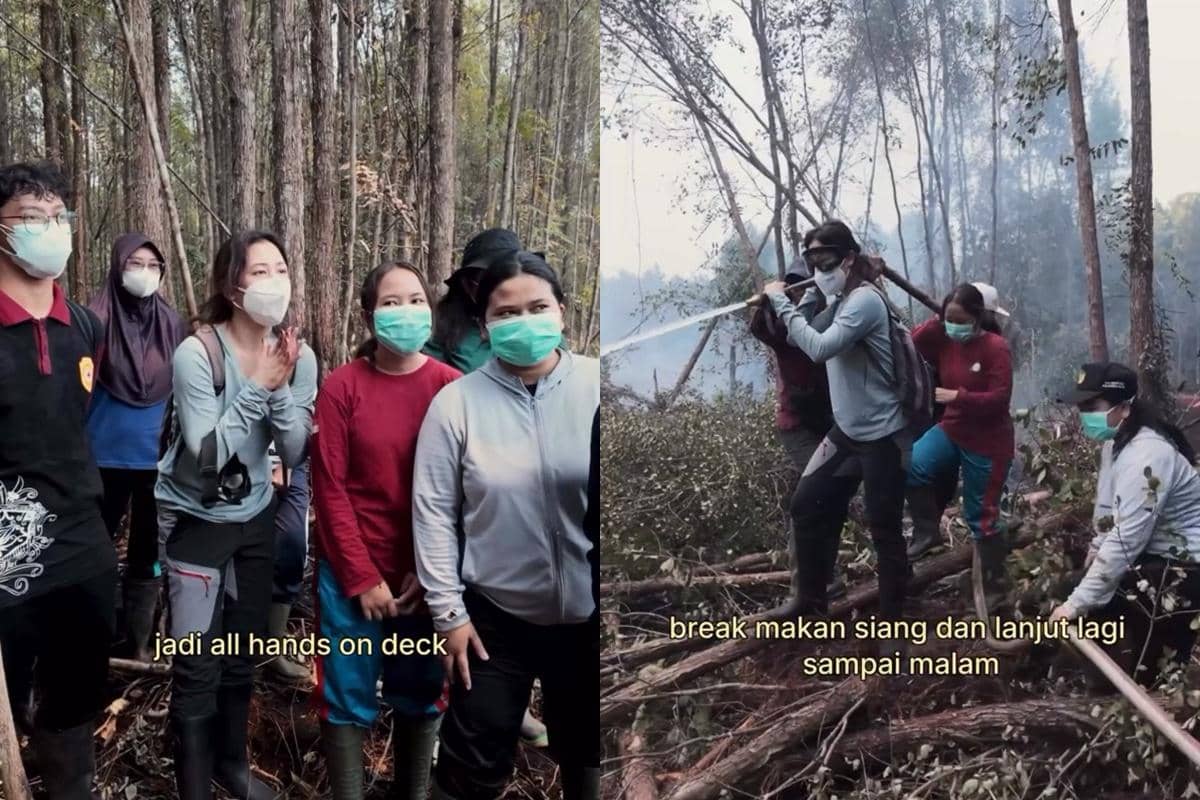 Seorang artis mengenakan pakaian lapangan ikut memadamkan kebakaran hutan dan lahan di Kalimantan.