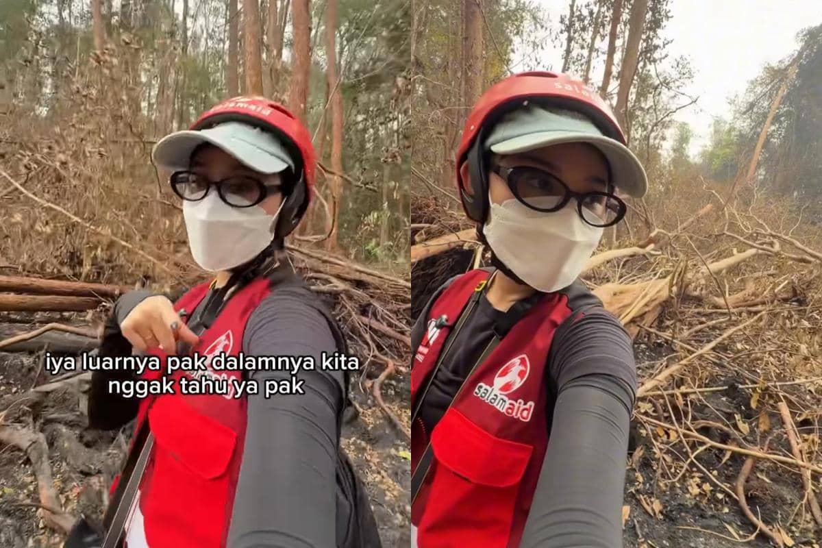 Seorang artis turut memadamkan kebakaran hutan dan lahan di Kalimantan dengan mengenakan pakaian pelindung di lokasi.