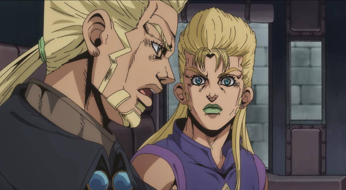 Gyro dan ayahnya, Gregorio, tampil bersama dalam ilustrasi promosi anime Steel Ball Run dari Netflix.