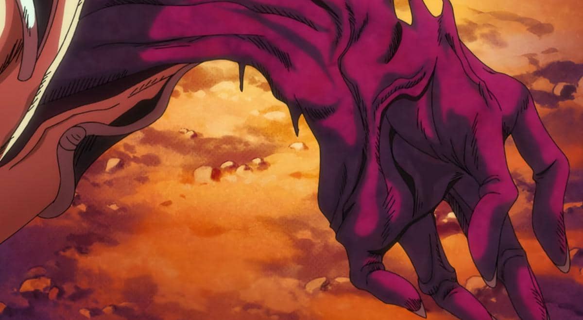 Tangan mayat misterius keluar dari lengan Johnny dalam adegan anime Steel Ball Run produksi Netflix.