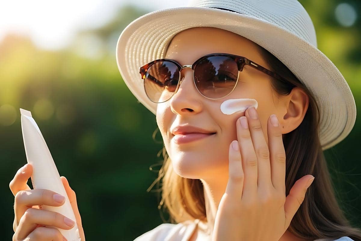 seorang wanita memakai krim sunscreen