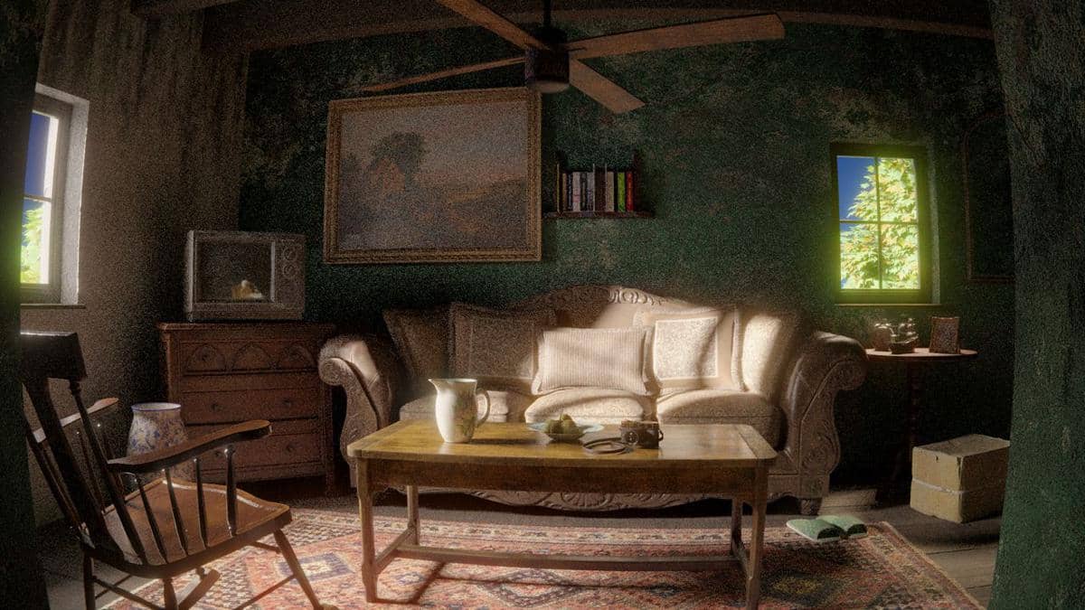 Ilustrasi ruangan bergaya vintage dengan nuansa klasik dan dekorasi interior yang menciptakan suasana hangat.