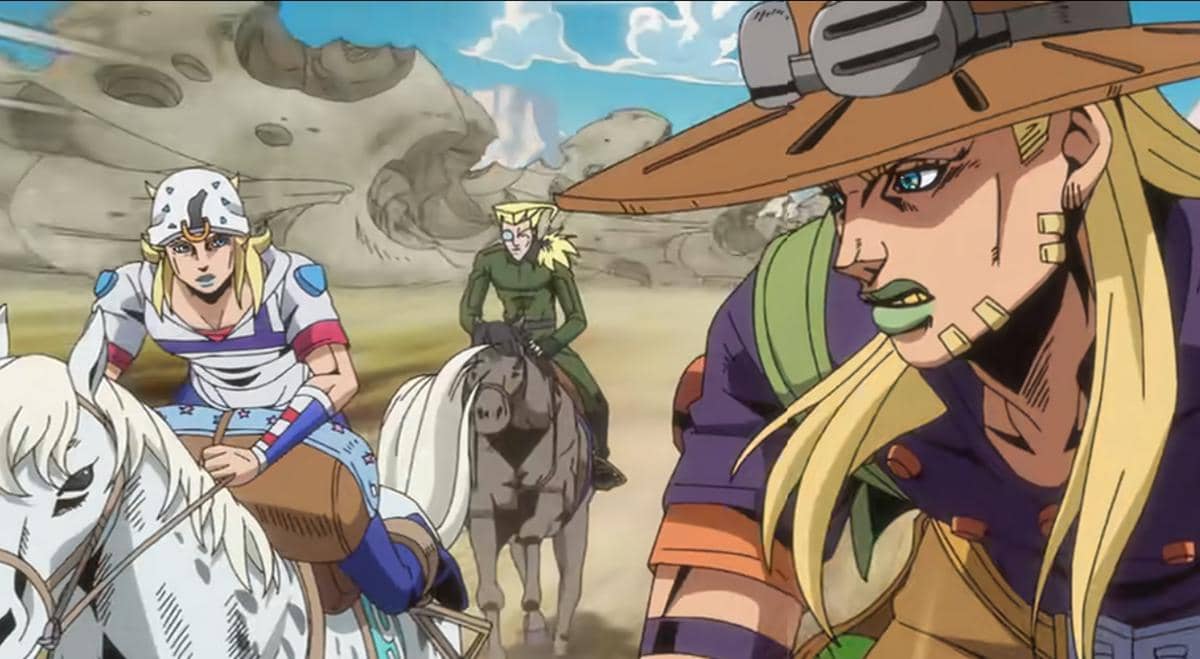 Gyro dan Johnny dikejar Stroheim dalam adegan anime Steel Ball Run, serial yang tersedia untuk ditonton di Netflix.