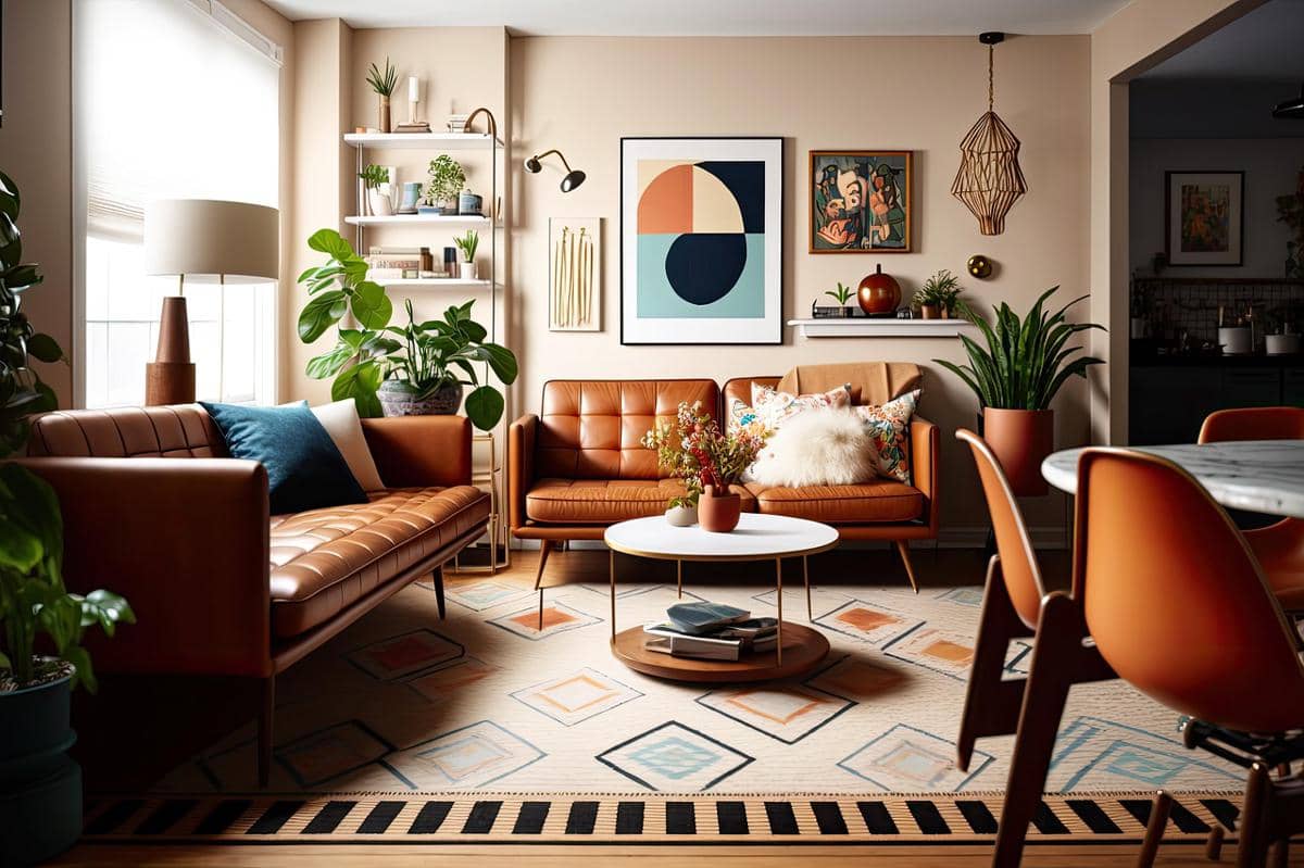 Ilustrasi ruang tamu bergaya vintage dengan sofa, meja, lampu, dan dekorasi klasik bernuansa hangat.