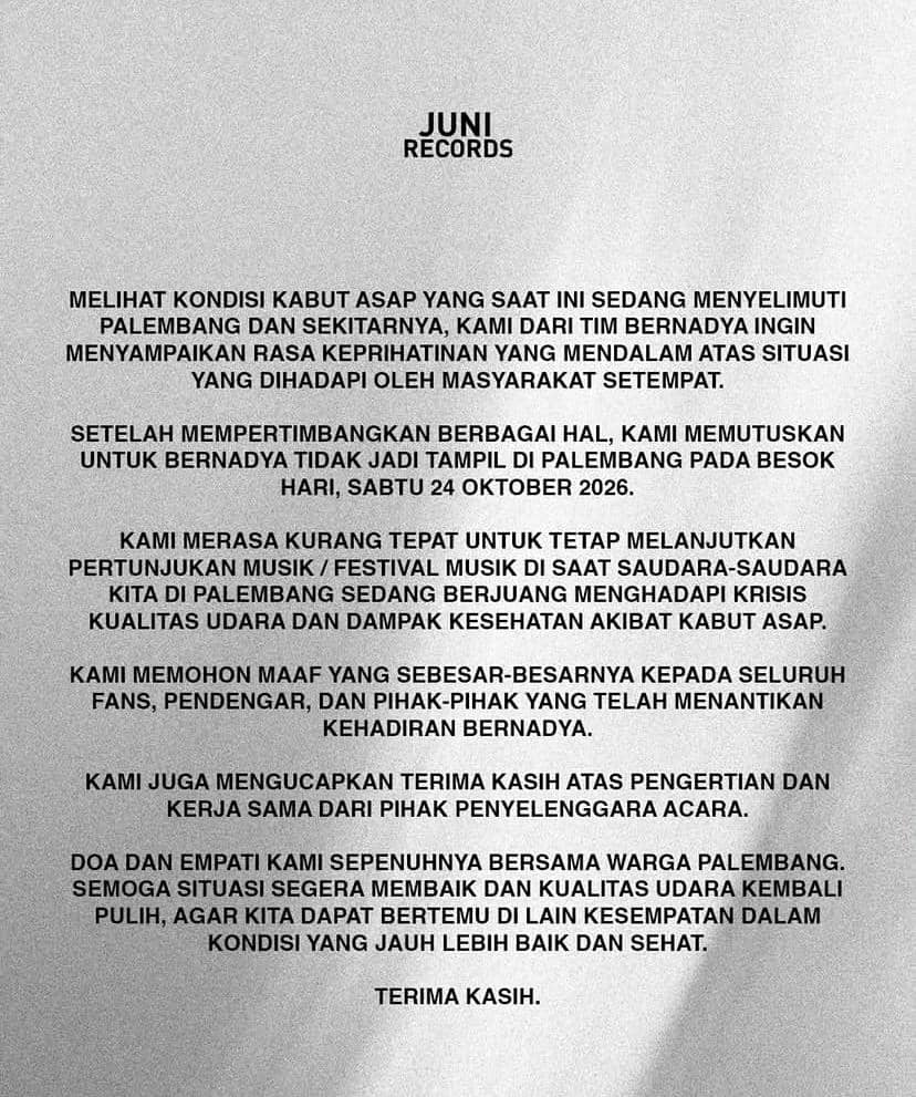 Unggahan Instagram JUNI Records yang memuat pernyataan resmi dari akun tersebut dalam format teks tertulis.