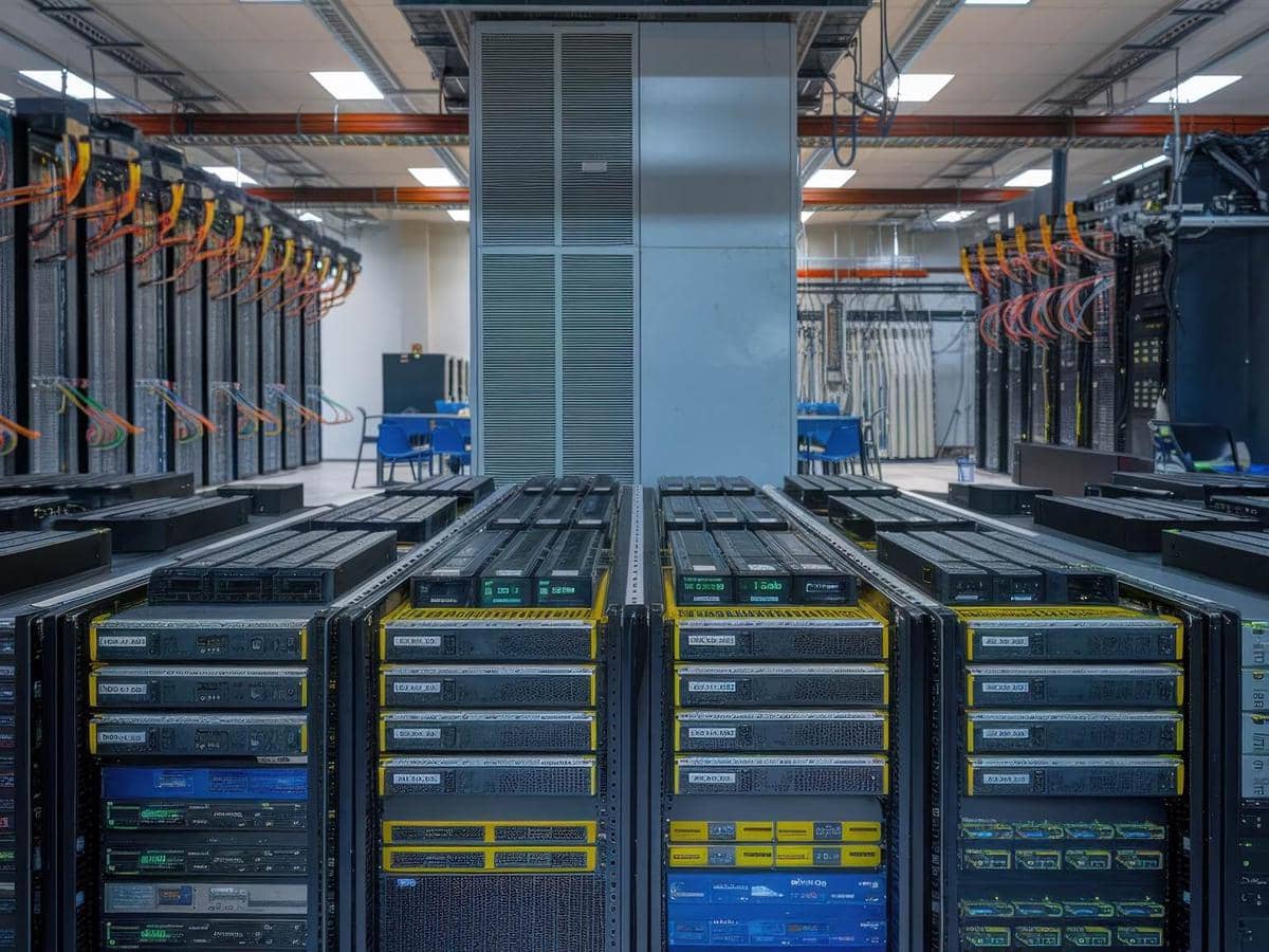 ilustrasi data center, pusat data, teknologi AI, server