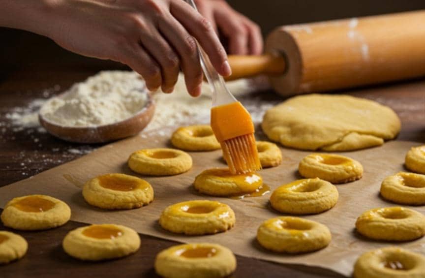 Ilustrasi tangan mengaduk adonan pizza cookies dalam mangkuk dengan bahan-bahan di atas meja dapur.