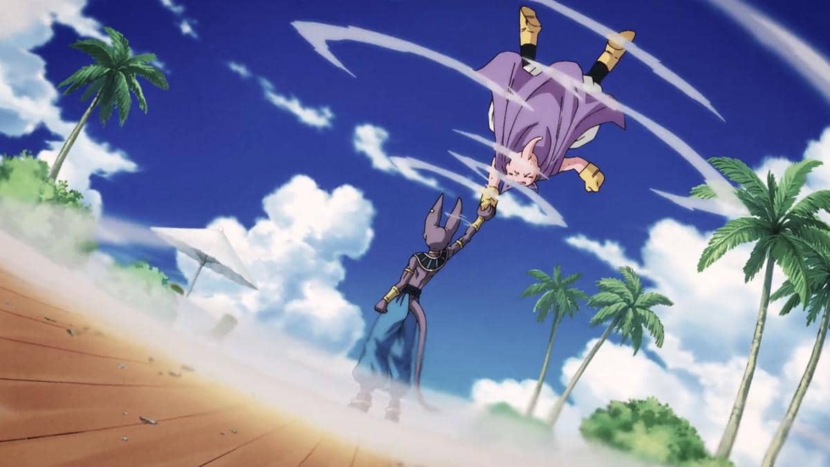 Beerus memutar tubuh Buu di udara dalam adegan pertarungan sengit dari anime Dragon Ball Super produksi Toei.