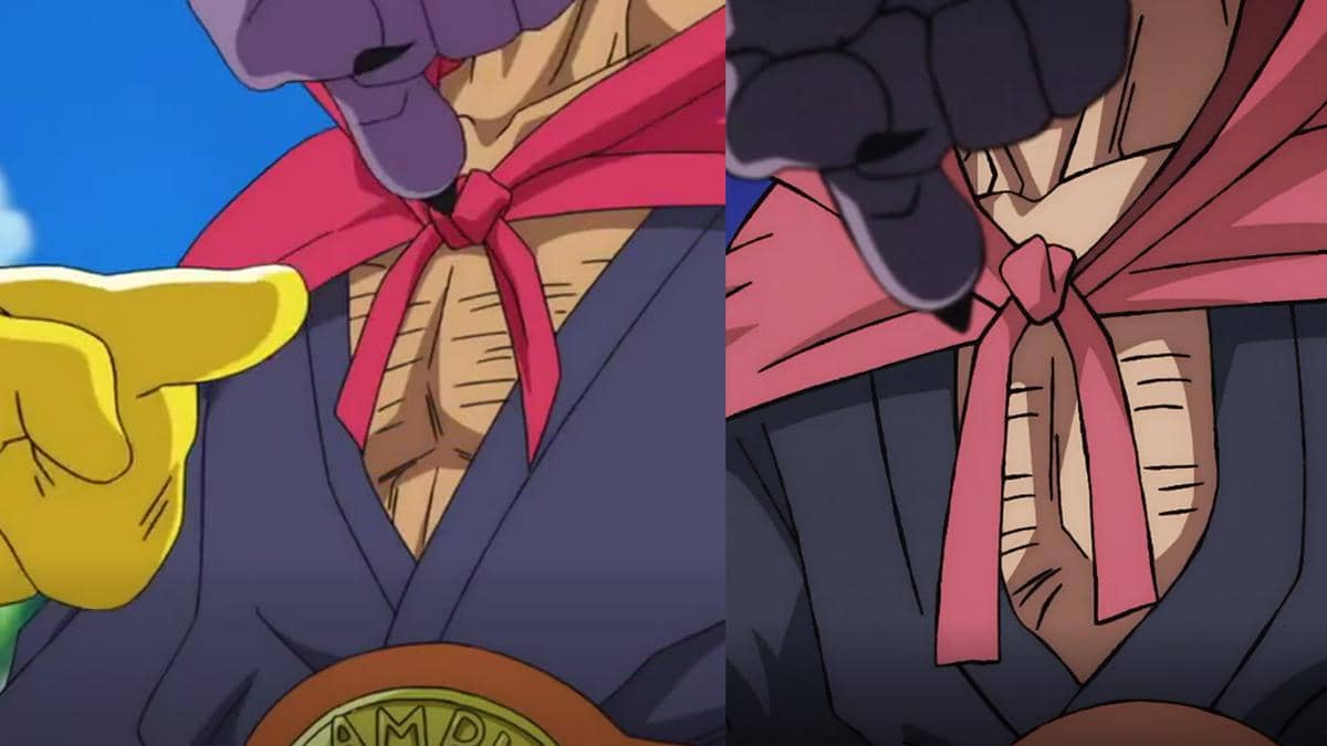 Kolase adegan Dragon Ball Super yang membandingkan perlakuan terhadap Mr. Satan oleh Beerus dan karakter lain.