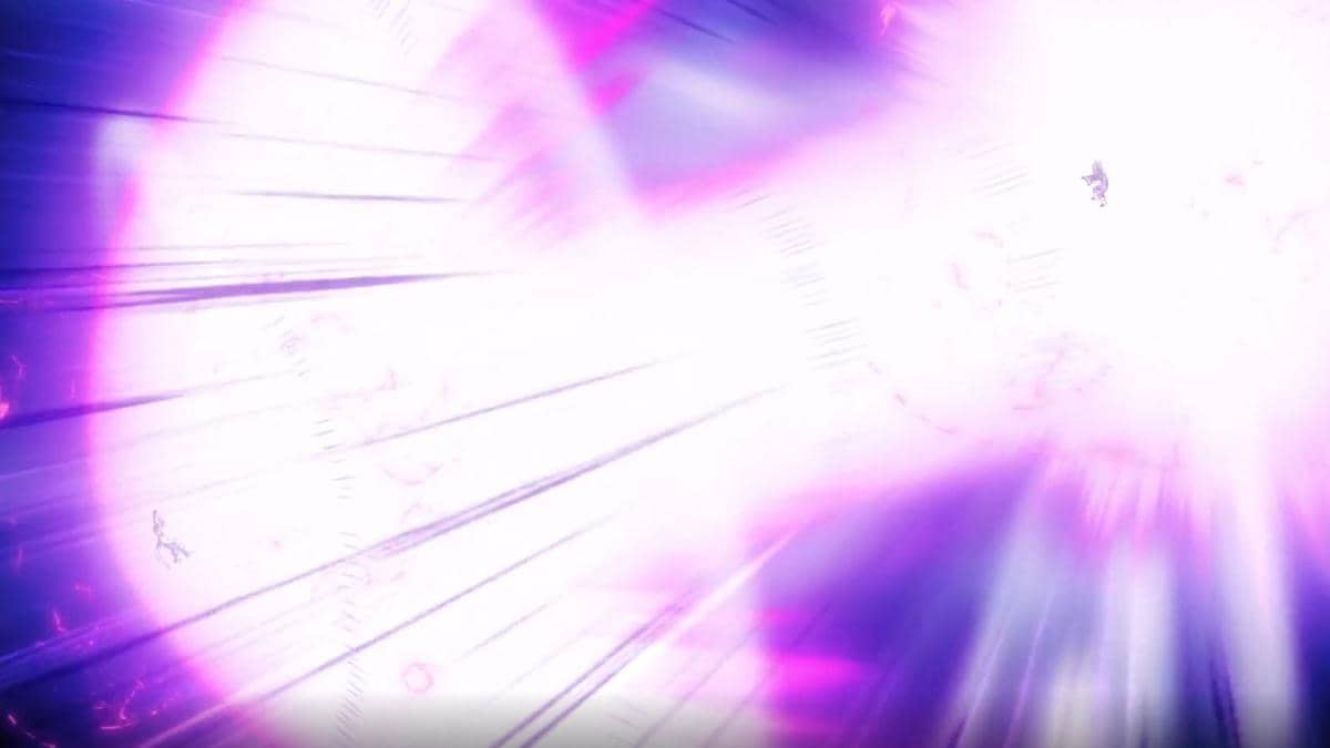 Vegeta dari Dragon Ball Super menembakkan serangan energi ungu Galick Gun dengan kedua tangan ke depan.