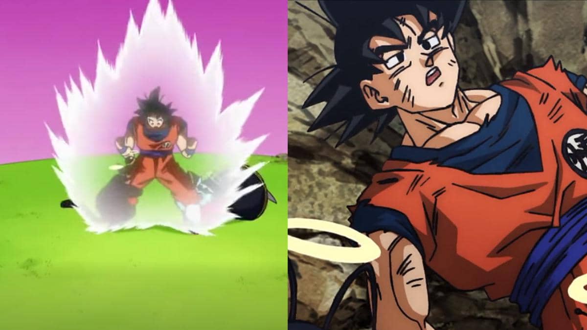 Perbandingan kondisi Goku usai kalah melawan Beerus pada versi lama dan versi remake Dragon Ball Super.