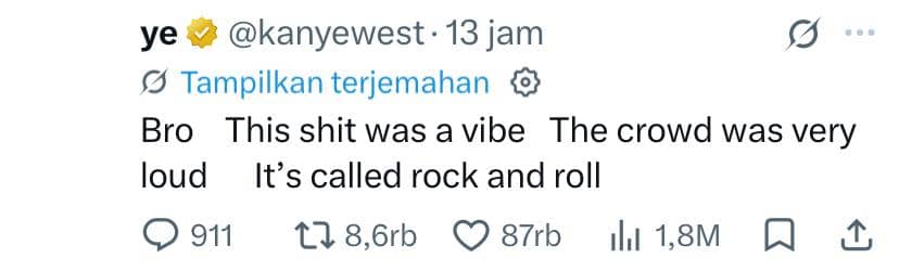 Tangkapan layar respons Ye pada platform X yang diunggah melalui akun @kanyewest, dengan teks unggahan terlihat.