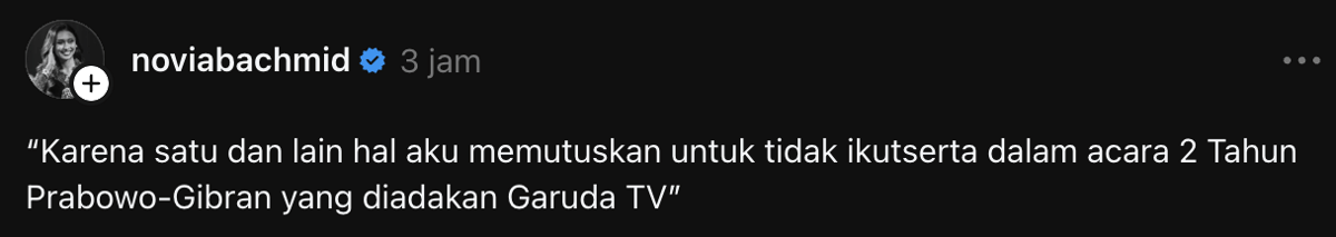Tangkapan layar unggahan berisi pernyataan dari Novia Bachmid yang dibagikan melalui akun Threads miliknya.