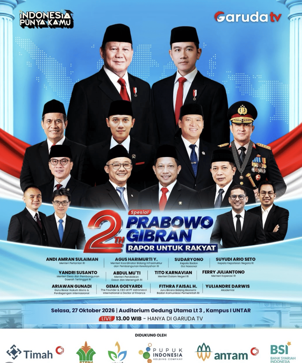 Poster acara bertajuk 2 Tahun Prabowo Gibran: Rapor untuk Rakyat dari akun Instagram Garuda TV Official.