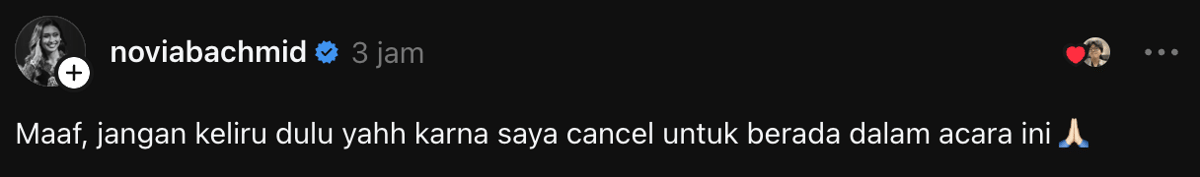Tangkapan layar berisi pernyataan Novia Bachmid yang diunggah melalui akun Threads miliknya secara daring.