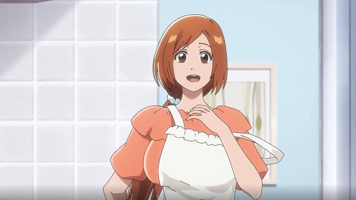 Orihime, karakter dalam Bleach TYBW Part 4, digambarkan sebagai ibu rumah tangga dalam sebuah adegan anime.