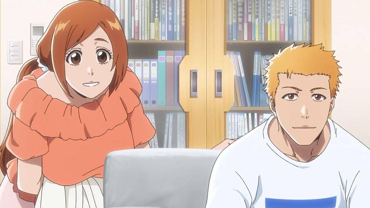 Ichigo Kurosaki dan Orihime Inoue berdiri bersama sebagai pasangan suami istri dalam adegan anime Bleach TYBW Part 4.