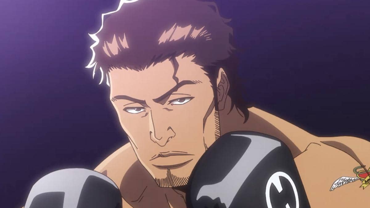 Sado mengenakan sarung tinju dan celana pendek saat beraksi sebagai petinju profesional dalam Bleach TYBW Part 4.