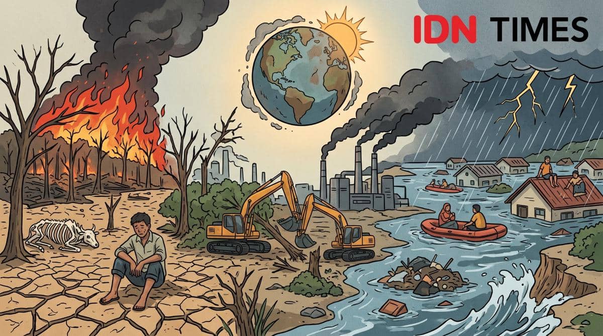Ilustrasi dampak krisis iklim dan kerusakan lingkungan. (IDN Times/Generated by AI)