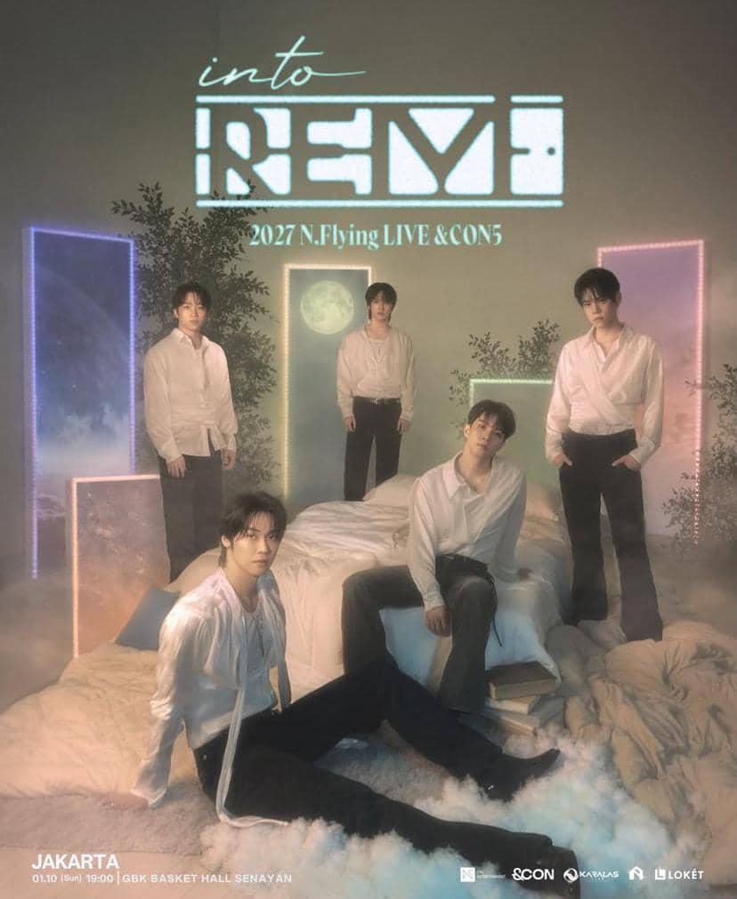 Personel N.Flying tampil di atas panggung dalam konser N.Flying di Jakarta pada 2027 dengan sorotan lampu.