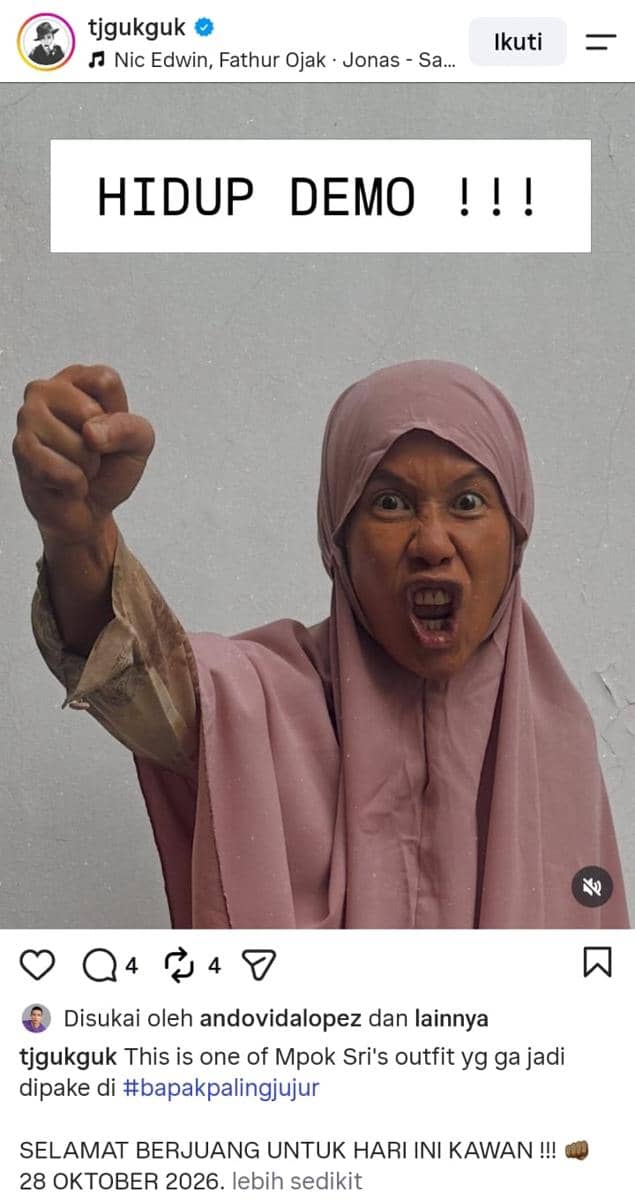TJ Ruth dukung aksi demo 28 Oktober 2026 di media sosial