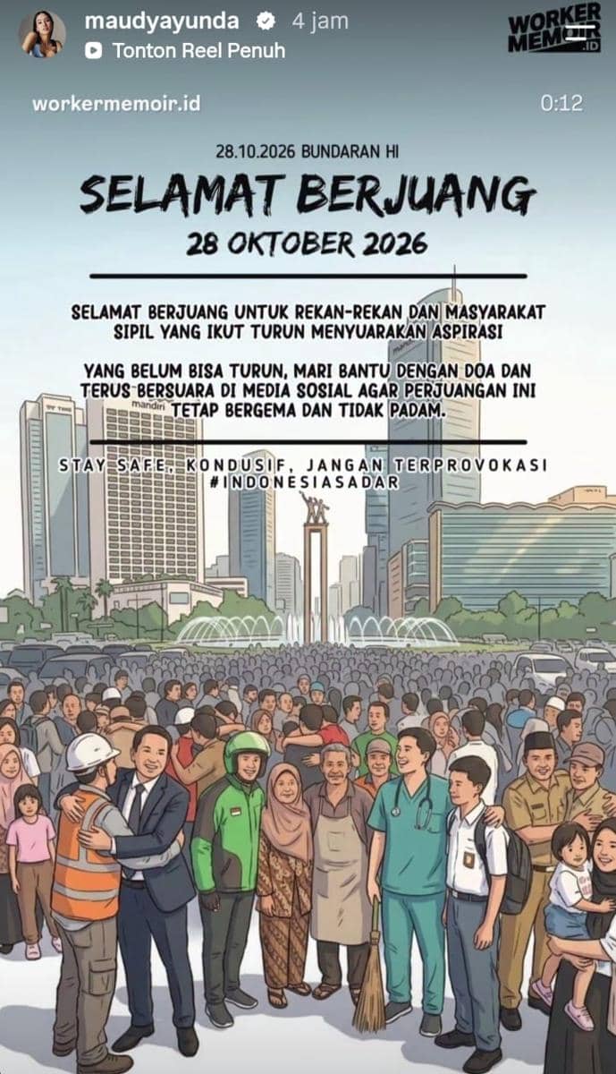 Maudy Ayunda dukung aksi demo 28 Oktober 2026 di media sosial
