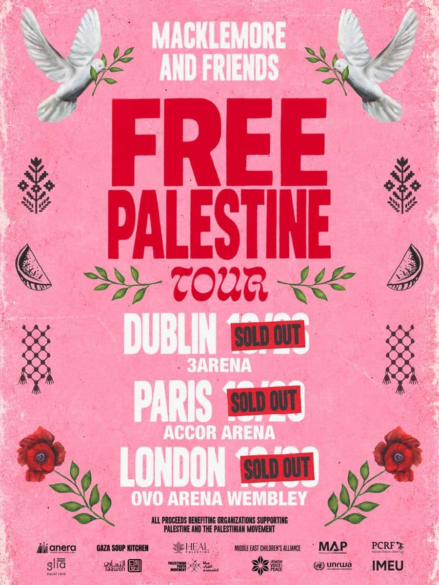 Poster tur konser Macklemore bertajuk Free Palestine Tour dengan pemberitahuan tiket telah terjual habis di Instagram.