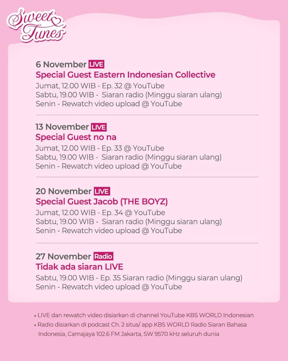 Jadwal siaran Dita Karang bareng no na, Silet Open Up, dan Jacob (THE BOYZ) (instagram.com/kbsindonesian)