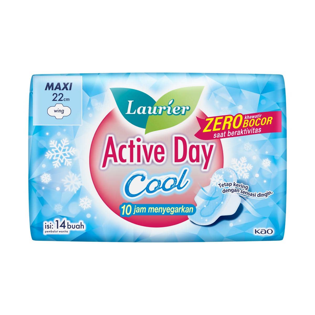 Kemasan pembalut wanita Laurier Active Day Cool sebagai produk perlindungan harian dengan sensasi sejuk.