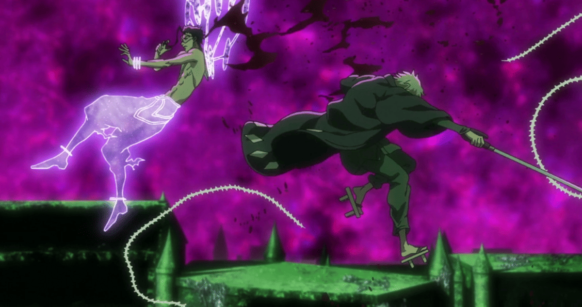 Kisuke Urahara berhadapan dengan Askin Nakk Le Vaar dalam adegan pertarungan anime Bleach TYBW Part 4.